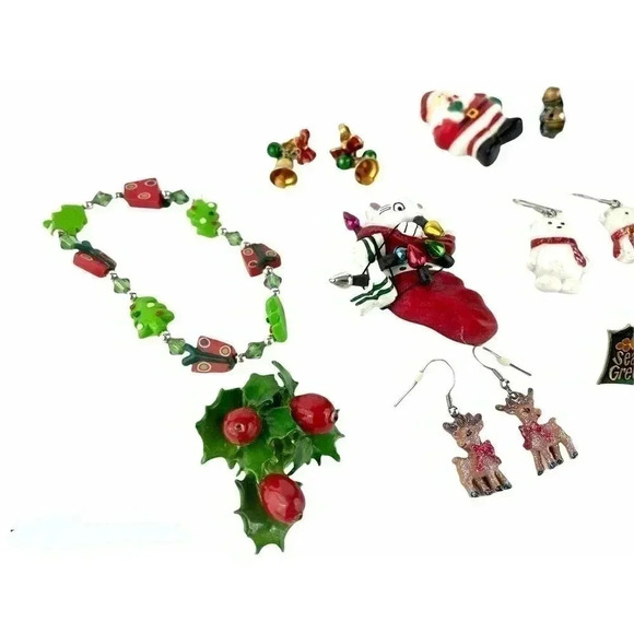 9 PC Christmas Holiday Lot Jewelry Mixed Assorted Earrings Pins Bracelet - Picture 6 of 11